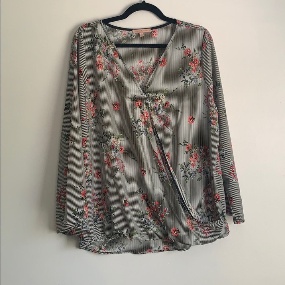 Gibson Latimer Long Sleeve Faux Wrap Floral Blouse